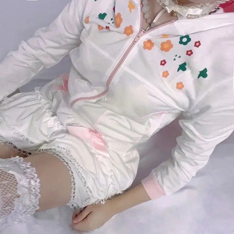 Y2K White Floral Zip Up Jacket with Hooded Design - Cosparty