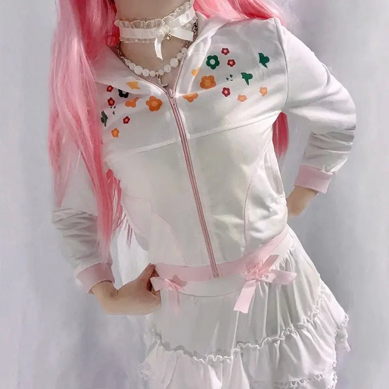 Y2K White Floral Zip Up Jacket with Hooded Design - Cosparty