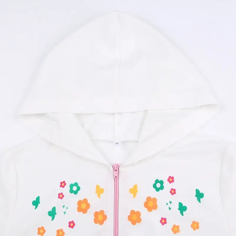 Y2K White Floral Zip Up Jacket with Hooded Design - jacket