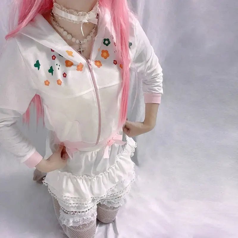 Y2K White Floral Zip Up Jacket with Hooded Design - Cosparty