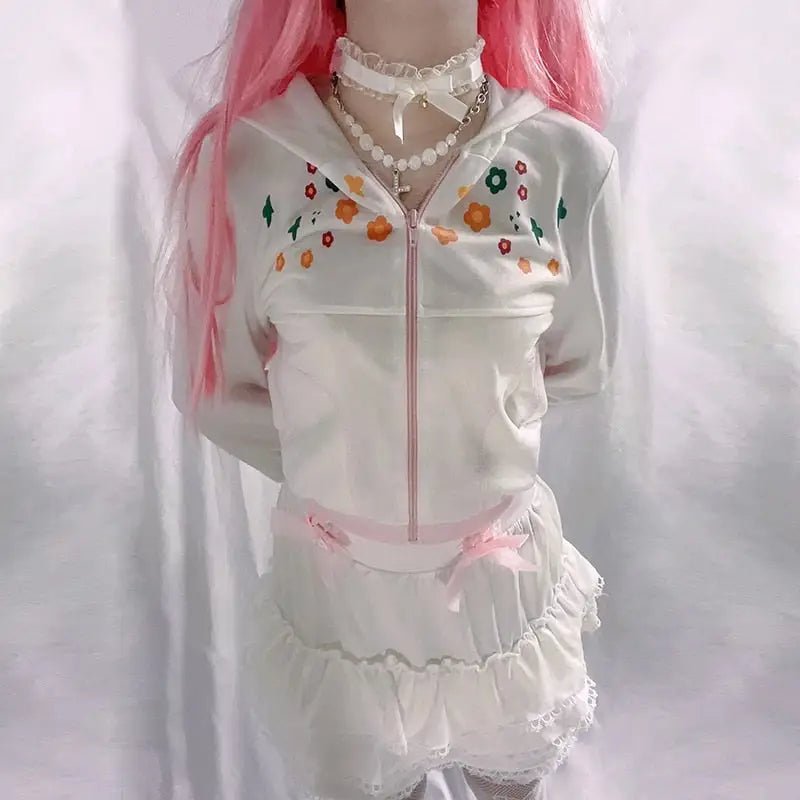 Y2K White Floral Zip Up Jacket with Hooded Design - Cosparty