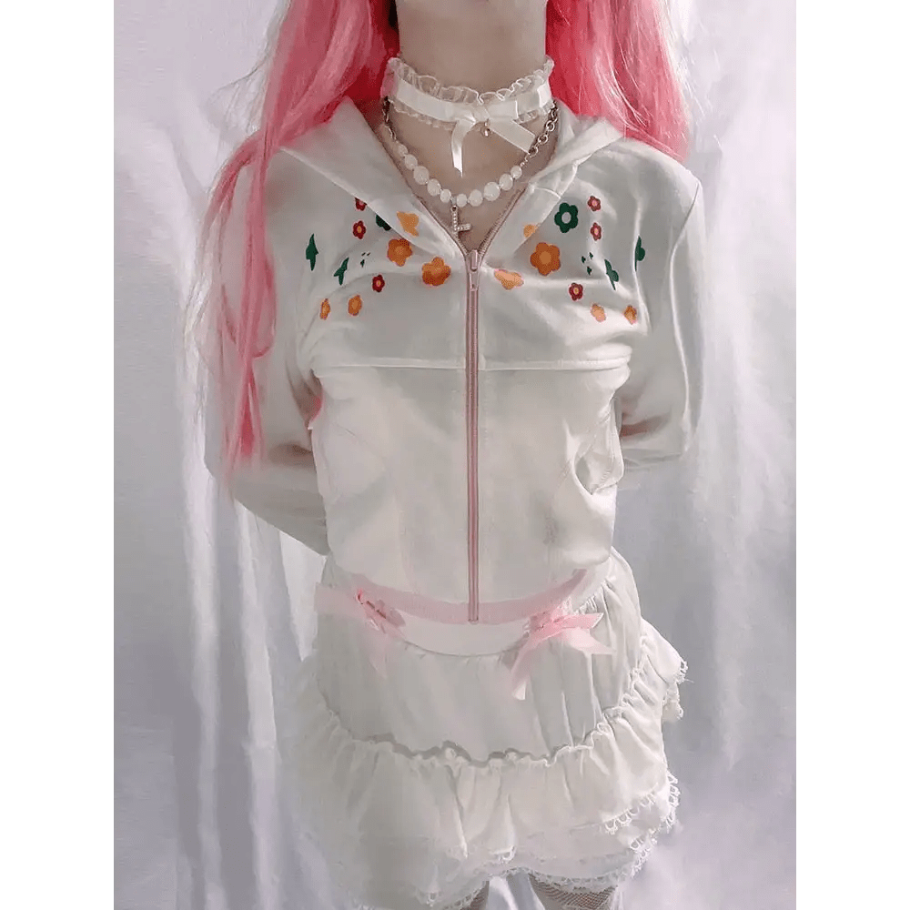 Y2K White Floral Zip Up Jacket with Hooded Design - Cosparty