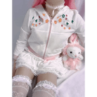 Y2K White Floral Zip Up Jacket with Hooded Design - Cosparty