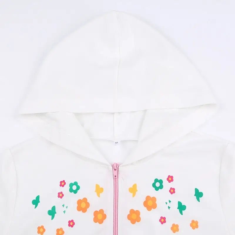 Y2K White Floral Zip Up Jacket with Hooded Design - Cosparty