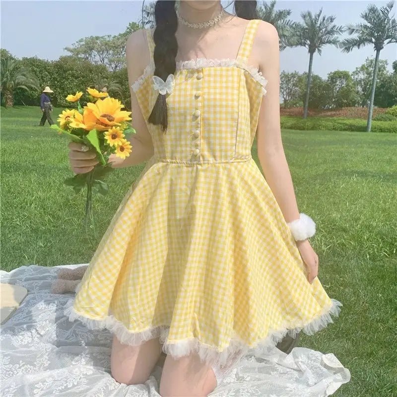 Yellow Plaid Dress with Lace Trim for Rustic Charm - Cosparty