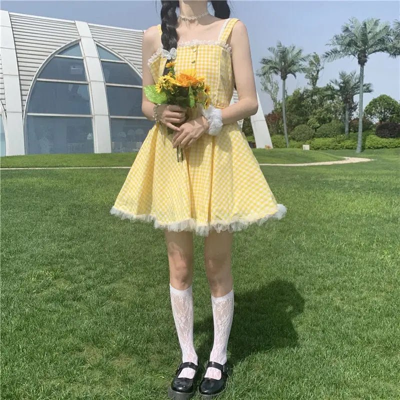 Yellow Plaid Dress with Lace Trim for Rustic Charm - Cosparty