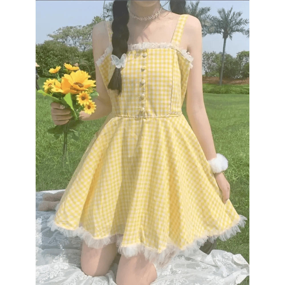 Yellow Plaid Dress with Lace Trim for Rustic Charm - Cosparty