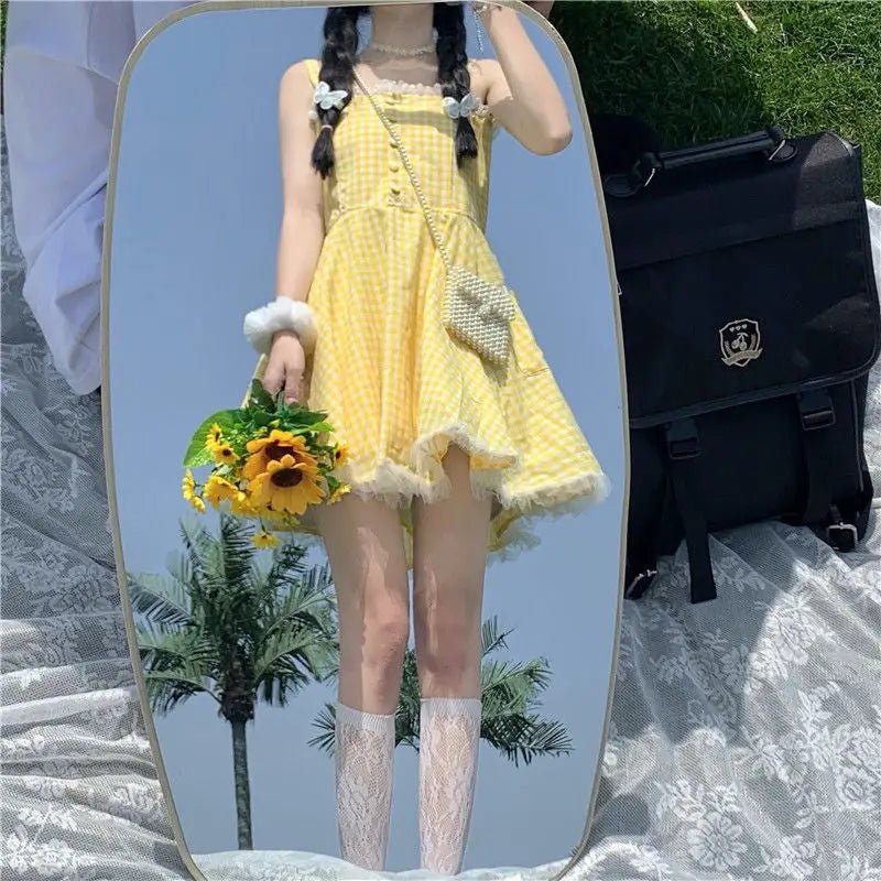 Yellow Plaid Dress with Lace Trim for Rustic Charm - Cosparty