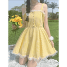 Yellow Plaid Dress with Lace Trim for Rustic Charm - Cosparty