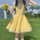 Yellow Plaid Dress with Lace Trim for Rustic Charm - Cosparty