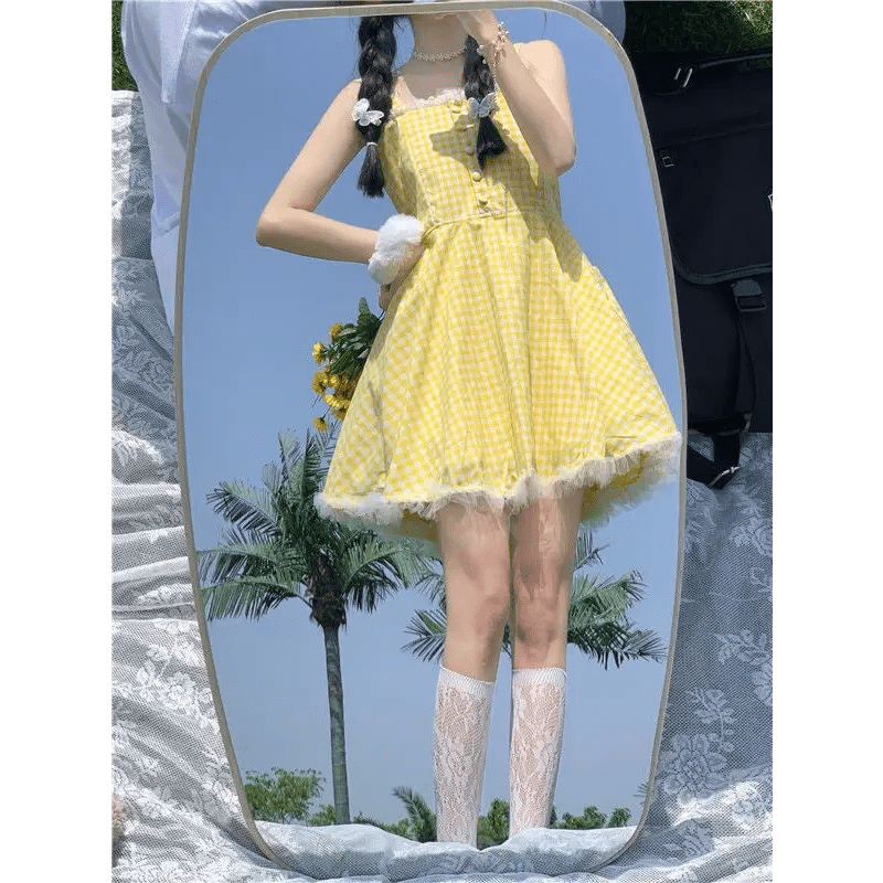 Yellow Plaid Dress with Lace Trim for Rustic Charm - Cosparty